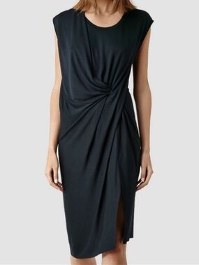 ALLSAINTS Leena Vi Twist Front Midi Dress Black Medium M Knot Wrap Edgy Grunge